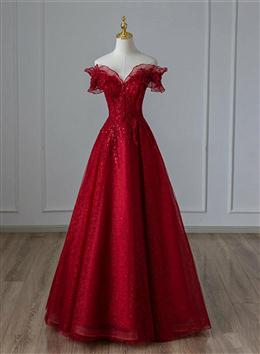 Picture of Wine Red Color Tulle with Sequins and Lace Party Dresses, Wine Red Color A-line Formal Dresses